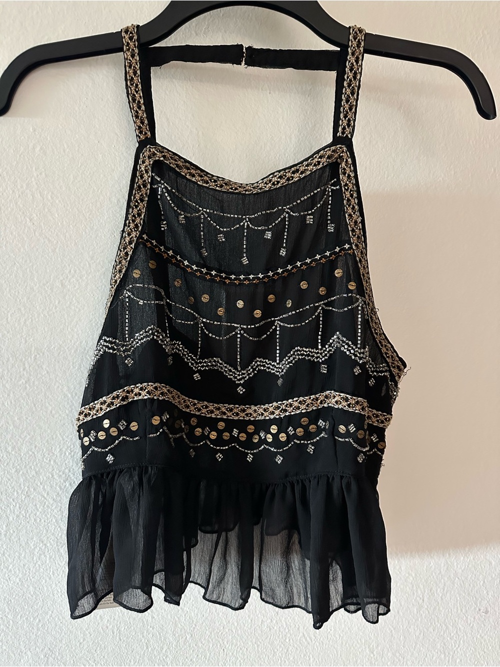 Free People Camille black backless tank top, small, embroidered, silver beading
